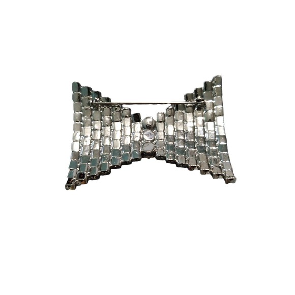 Vtg Retro White Rhinestone Silver Tone Bow Brooch - Picture 2 of 2